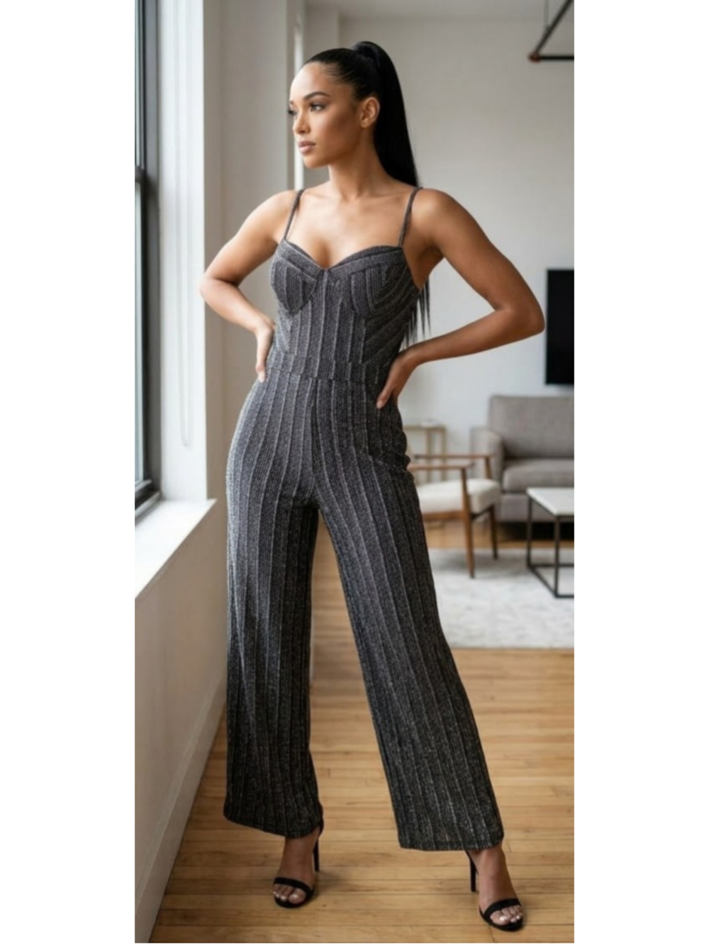 Haute Monde Metallic Silver Sparkle Jumpsuit L Wide Leg Bustier Party Night Out
